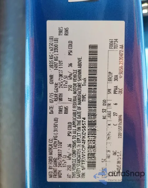 2015 Ford F150 Supercrew из США, поврежденный, VIN 1FTEW1CP4FKD95574